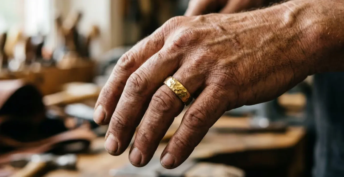 Alliance en or martelée portée par une main d'artisan au travail
