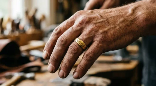 Alliance en or martelée portée par une main d'artisan au travail