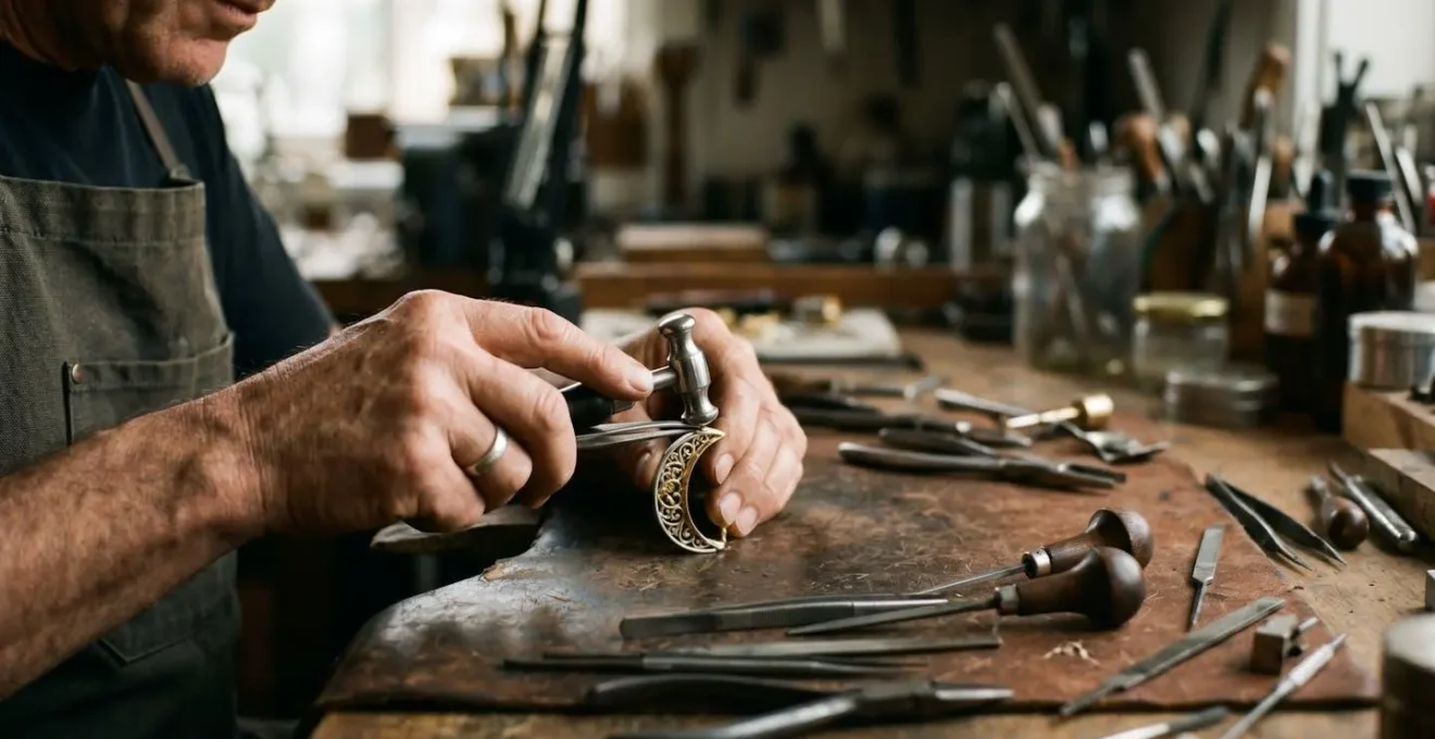 Mains d'artisan joaillier travaillant méticuleusement une pièce de métal précieux dans un atelier de haute joaillerie