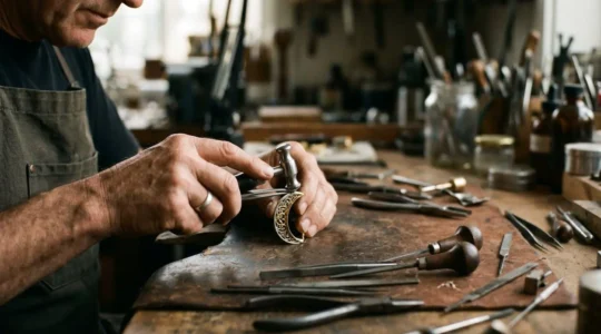 Mains d'artisan joaillier travaillant méticuleusement une pièce de métal précieux dans un atelier de haute joaillerie