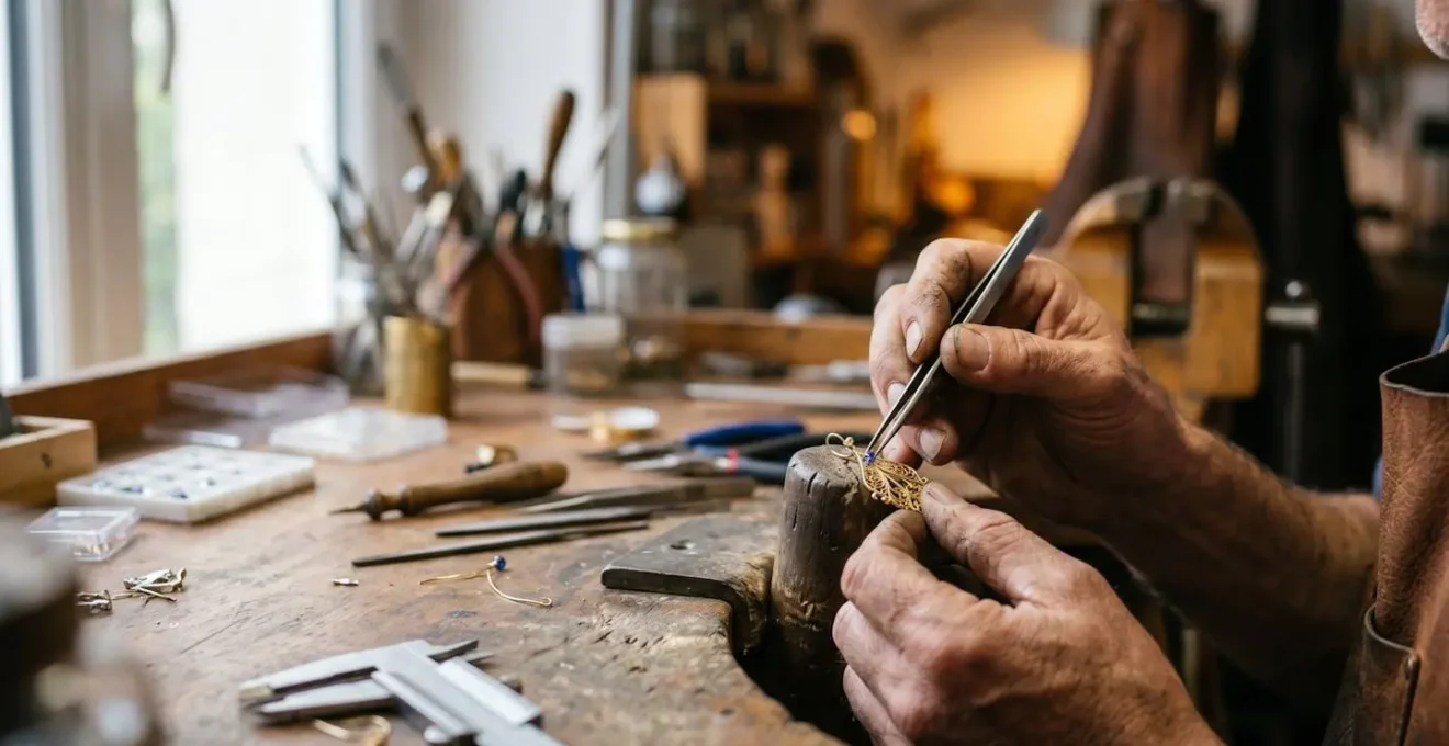 Gros plan sur les mains d'un artisan joaillier travaillant minutieusement une pièce de bijou unique dans son atelier