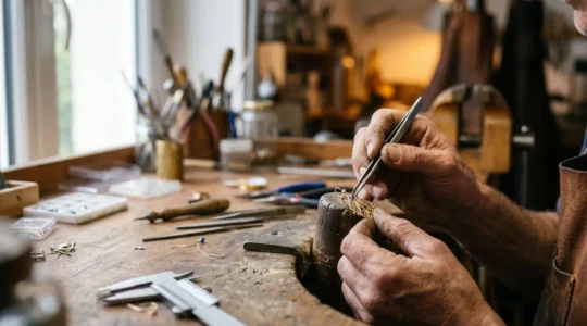 Gros plan sur les mains d'un artisan joaillier travaillant minutieusement une pièce de bijou unique dans son atelier