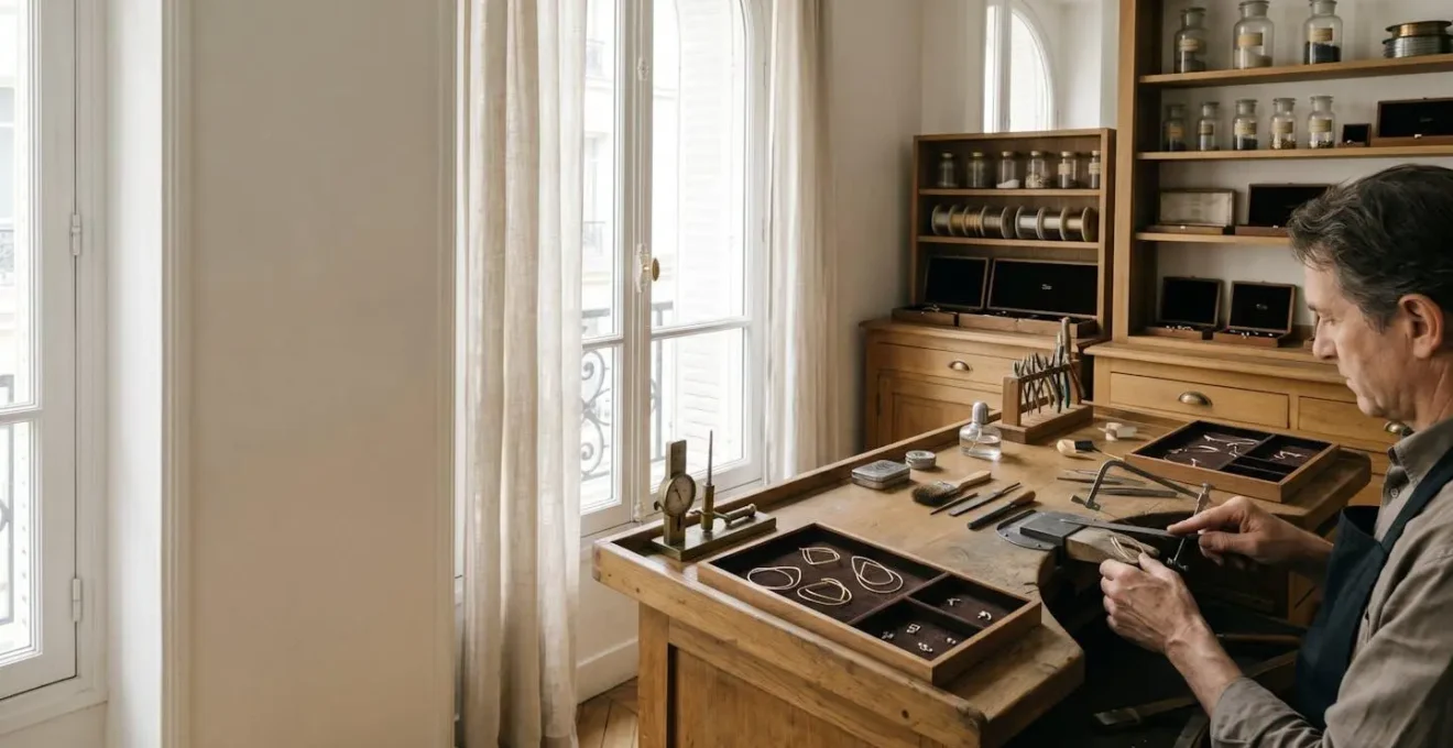 Atelier de haute joaillerie parisienne avec artisan travaillant une pièce exceptionnelle sous éclairage naturel