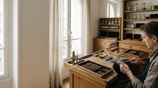 Atelier de haute joaillerie parisienne avec artisan travaillant une pièce exceptionnelle sous éclairage naturel
