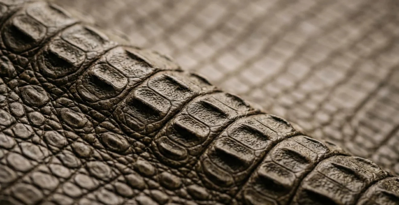 Gros plan détaillé sur texture naturelle d'écailles de cuir exotique avec jeu de lumière subtil