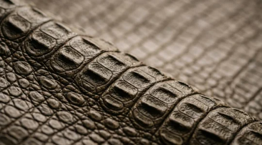 Gros plan détaillé sur texture naturelle d'écailles de cuir exotique avec jeu de lumière subtil