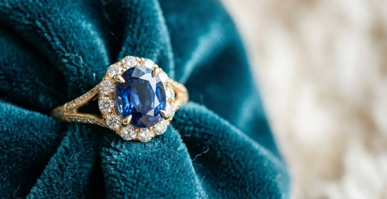 Gros plan macro sur une bague de fiançailles en or avec pierre précieuse et son écrin de velours