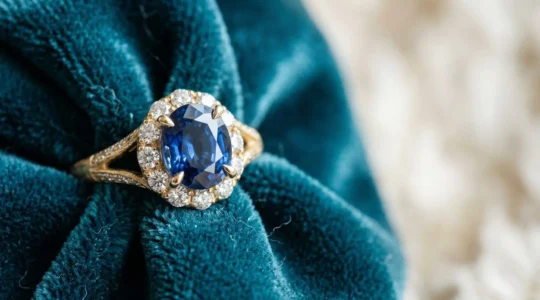 Gros plan macro sur une bague de fiançailles en or avec pierre précieuse et son écrin de velours