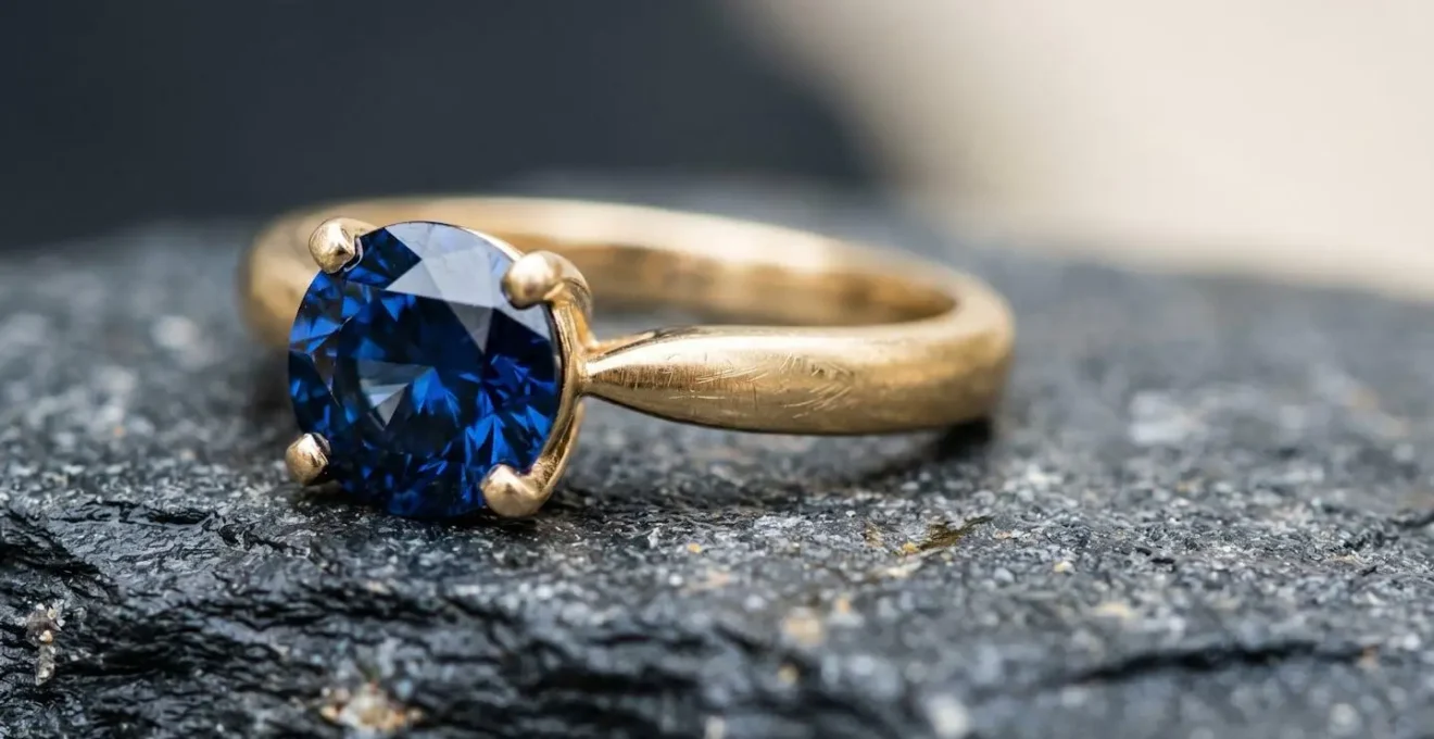Gros plan d'une bague de fiançailles en or avec pierre précieuse, composition élégante mettant en valeur la dureté et la brillance