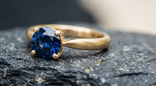 Gros plan d'une bague de fiançailles en or avec pierre précieuse, composition élégante mettant en valeur la dureté et la brillance