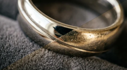 Gros plan sur une bague en or blanc montrant la différence entre une zone rhodiée brillante et une zone ternie révélant une teinte jaunâtre