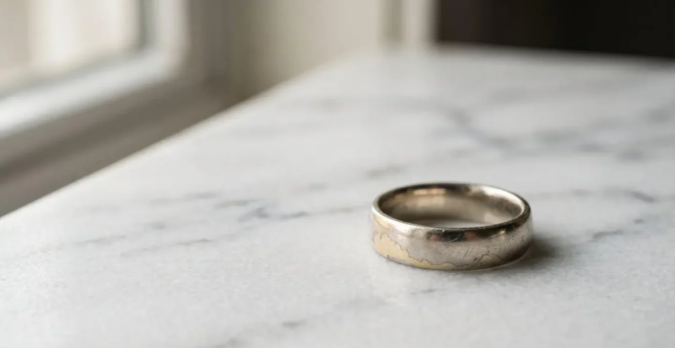 Bague en or blanc présentant un jaunissement naturel sur fond minimaliste