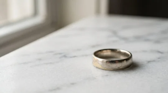 Bague en or blanc présentant un jaunissement naturel sur fond minimaliste