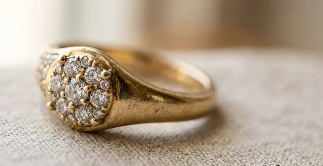 Gros plan sur une bague pavée en or avec de multiples petits diamants scintillants