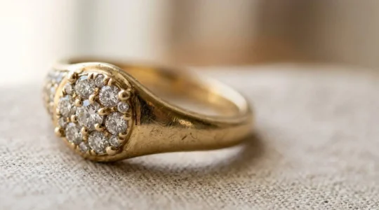 Gros plan sur une bague pavée en or avec de multiples petits diamants scintillants