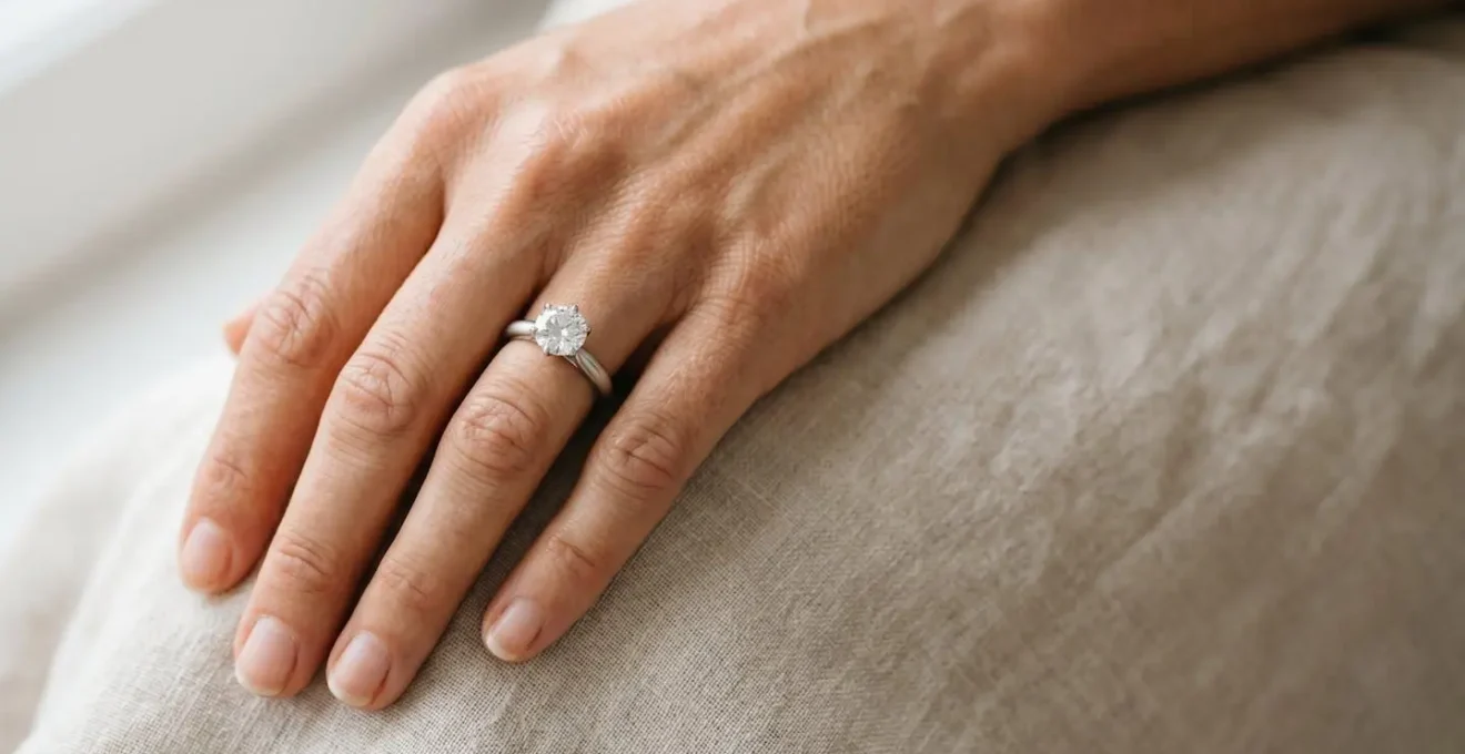 Bague de fiançailles en platine portée sur une main élégante, mise en lumière naturelle avec focus sur la densité et la noblesse du métal