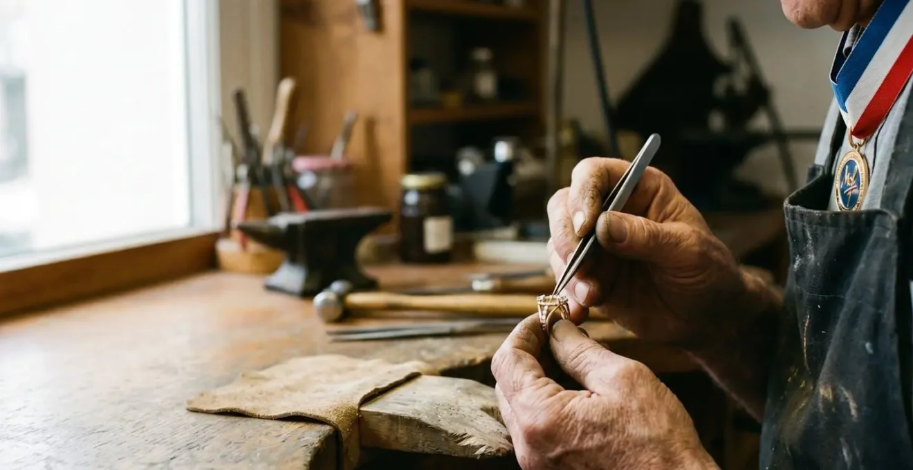 Gros plan photographique sur les mains d'un maître joaillier travaillant une pièce de haute joaillerie avec des outils traditionnels, lumière douce et naturelle