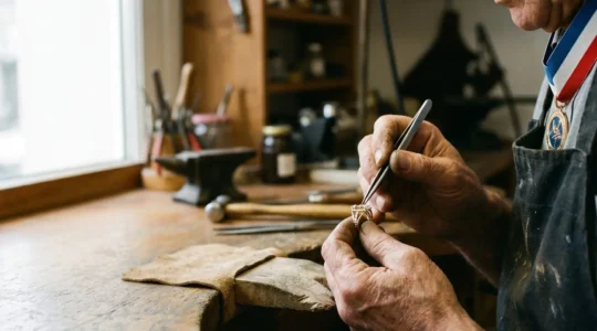 Gros plan photographique sur les mains d'un maître joaillier travaillant une pièce de haute joaillerie avec des outils traditionnels, lumière douce et naturelle