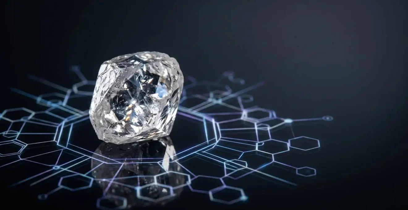 Illustration conceptuelle représentant la rencontre entre la technologie blockchain et l'industrie du diamant pour garantir la traçabilité éthique