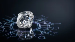 Illustration conceptuelle représentant la rencontre entre la technologie blockchain et l'industrie du diamant pour garantir la traçabilité éthique