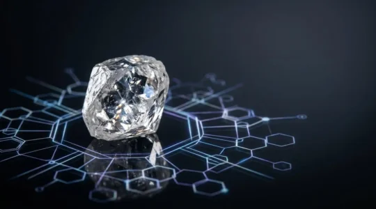 Illustration conceptuelle représentant la rencontre entre la technologie blockchain et l'industrie du diamant pour garantir la traçabilité éthique