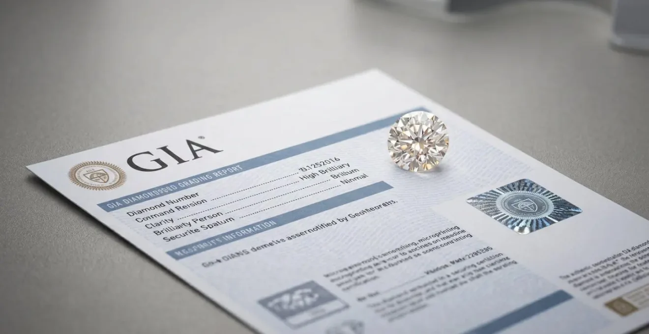 Examen détaillé d'un certificat GIA authentique avec diamant certifié sous lumière professionnelle de laboratoire