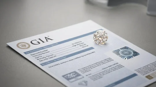 Examen détaillé d'un certificat GIA authentique avec diamant certifié sous lumière professionnelle de laboratoire