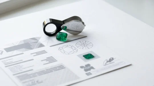 Certificat de gemmologie avec loupe et pierre précieuse pour détecter les mentions trompeuses