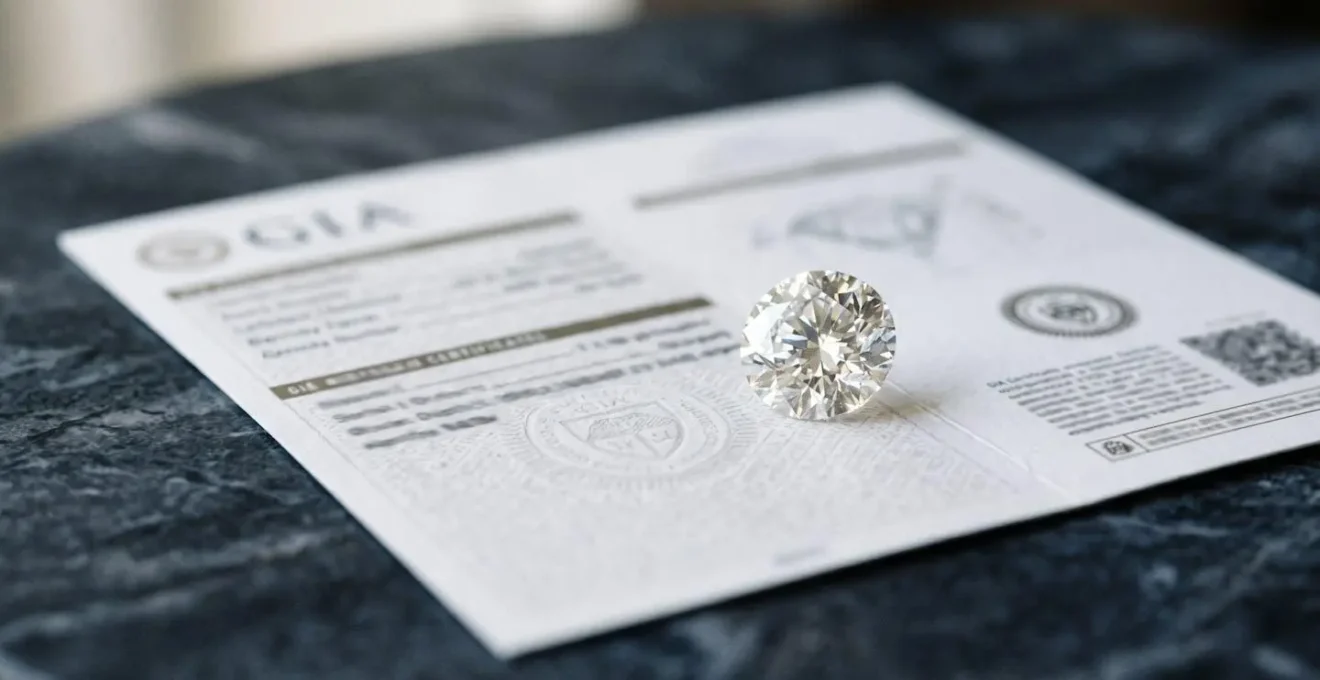 Gros plan détaillé d'un certificat GIA authentique avec diamant certifié posé sur une surface élégante, composition professionnelle