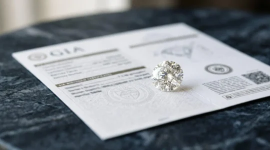 Gros plan détaillé d'un certificat GIA authentique avec diamant certifié posé sur une surface élégante, composition professionnelle