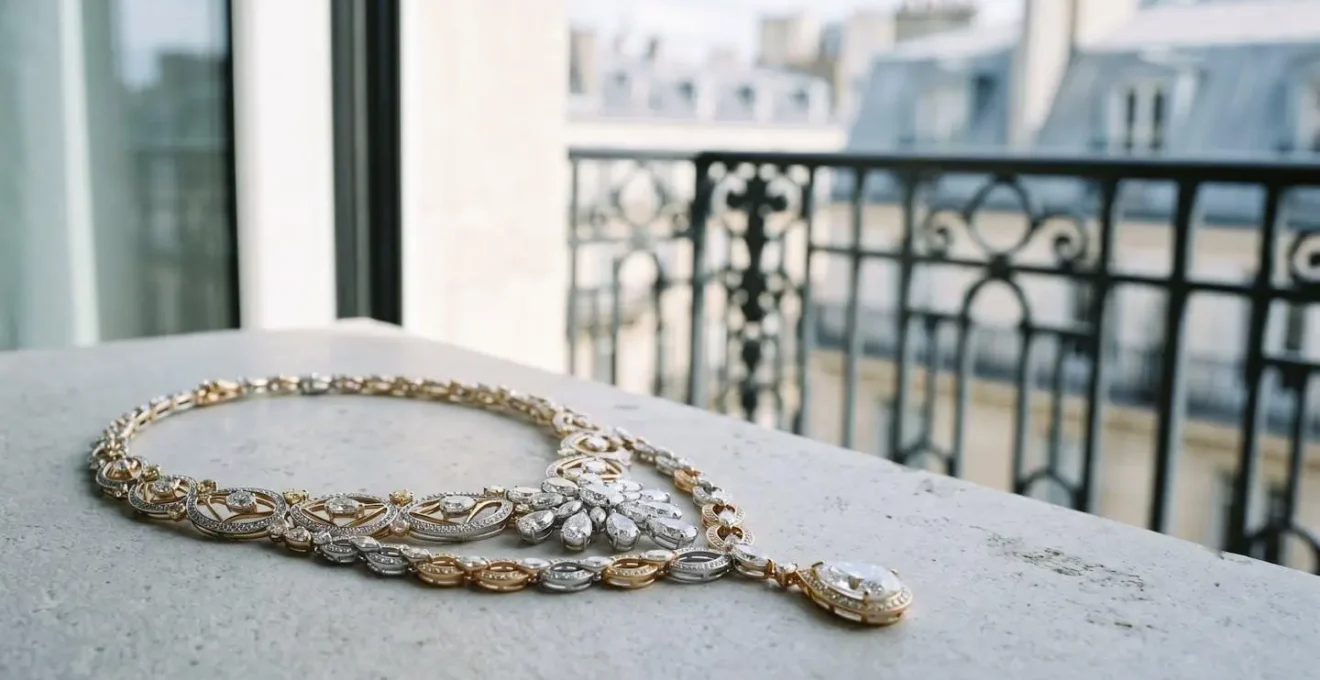 Création de haute joaillerie posée sur une surface épurée évoquant le luxe parisien