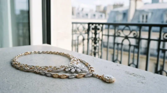 Création de haute joaillerie posée sur une surface épurée évoquant le luxe parisien