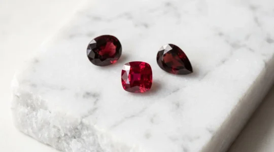 Comparaison visuelle de pierres précieuses rouges corindon rubis spinelle et grenat sur fond naturel