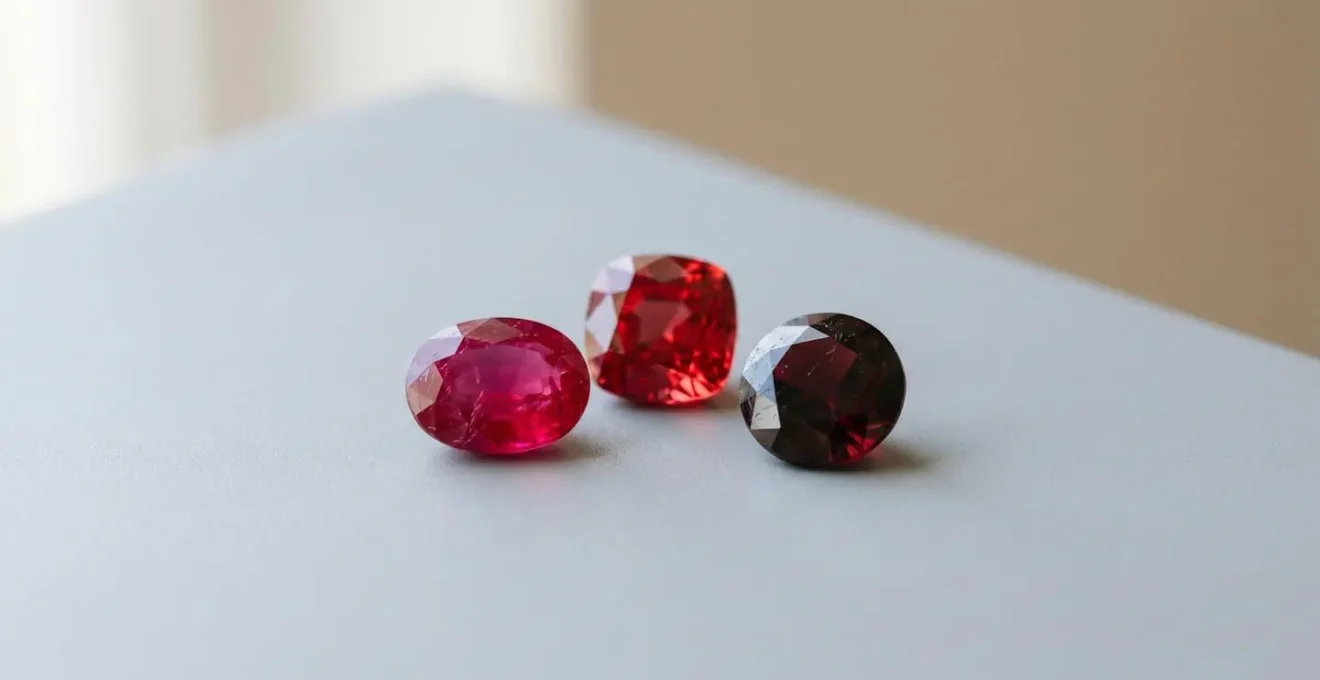 Pierres précieuses rouges disposées sur une surface pour identifier les différences entre corindon, spinelle et grenat