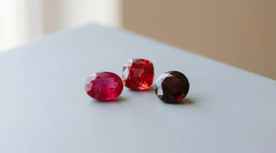 Pierres précieuses rouges disposées sur une surface pour identifier les différences entre corindon, spinelle et grenat
