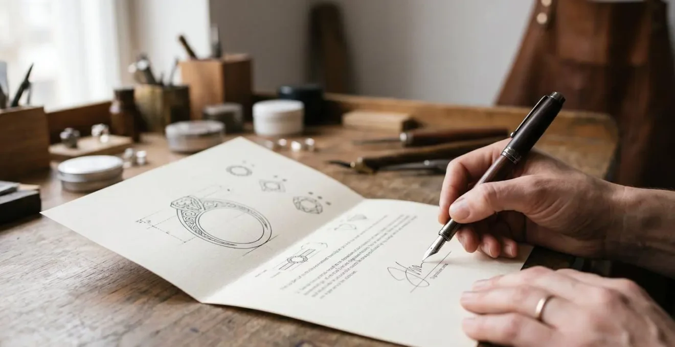 Devis de joaillerie avec stylo et alliance, symbolisant l'engagement contractuel lors d'une commande sur-mesure