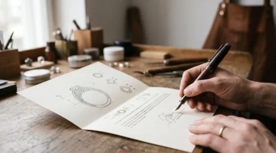 Devis de joaillerie avec stylo et alliance, symbolisant l'engagement contractuel lors d'une commande sur-mesure
