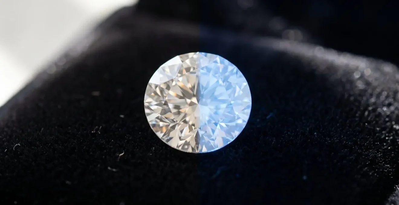Diamant avec fluorescence bleue naturelle illuminé par lumière ultraviolette, mettant en évidence l'économie potentielle lors de l'achat
