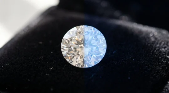 Diamant avec fluorescence bleue naturelle illuminé par lumière ultraviolette, mettant en évidence l'économie potentielle lors de l'achat