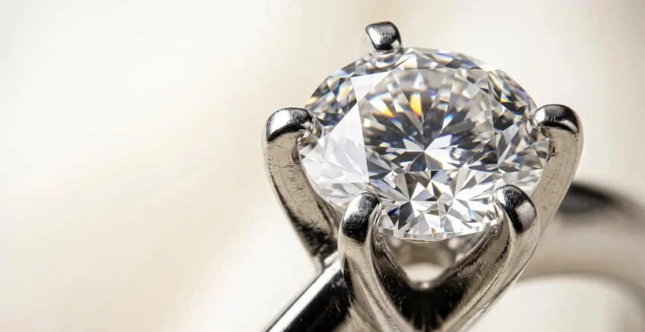Gros plan sur un diamant brillant serti de griffes fines en métal précieux, illustrant le compromis entre luminosité maximale et sécurité du sertissage pour une bague de fiançailles