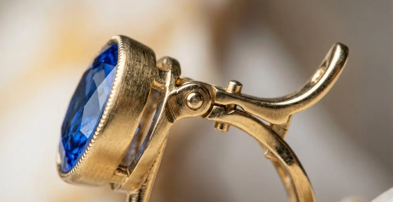 Gros plan sur le mécanisme de fermoir d'une dormeuse en or sertie d'un saphir bleu, montrant le système de sécurité à charnière