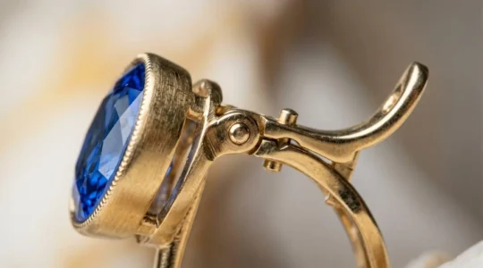 Gros plan sur le mécanisme de fermoir d'une dormeuse en or sertie d'un saphir bleu, montrant le système de sécurité à charnière
