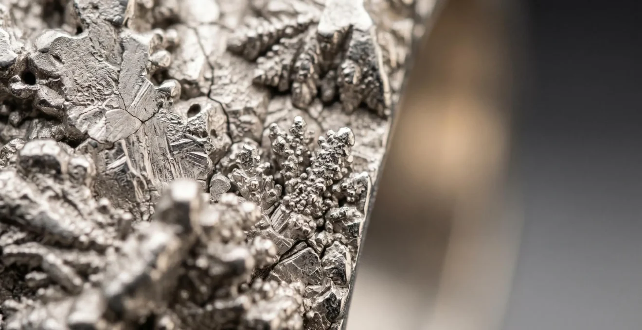 Gros plan macro sur une bague en métal coulé révélant la microstructure cristalline et les limites de précision