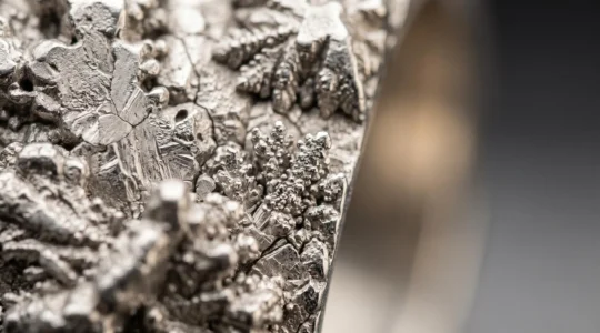 Gros plan macro sur une bague en métal coulé révélant la microstructure cristalline et les limites de précision