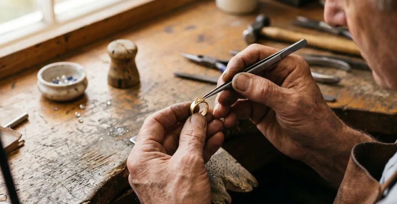 Gros plan sur les mains d'un artisan joaillier façonnant délicatement une bague en or, sous une lumière naturelle douce