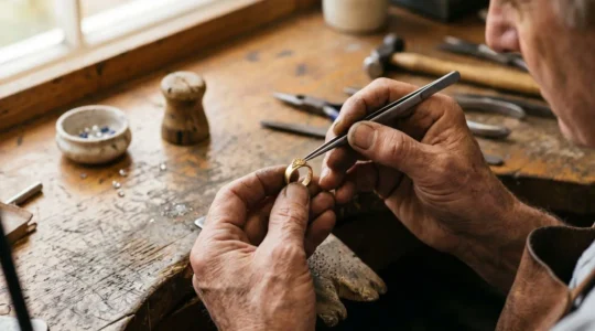 Gros plan sur les mains d'un artisan joaillier façonnant délicatement une bague en or, sous une lumière naturelle douce