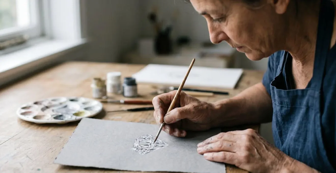 Gouaché de joaillerie traditionnel en cours de création sur papier gris dans un atelier d'artisan