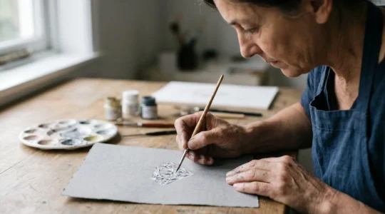Gouaché de joaillerie traditionnel en cours de création sur papier gris dans un atelier d'artisan