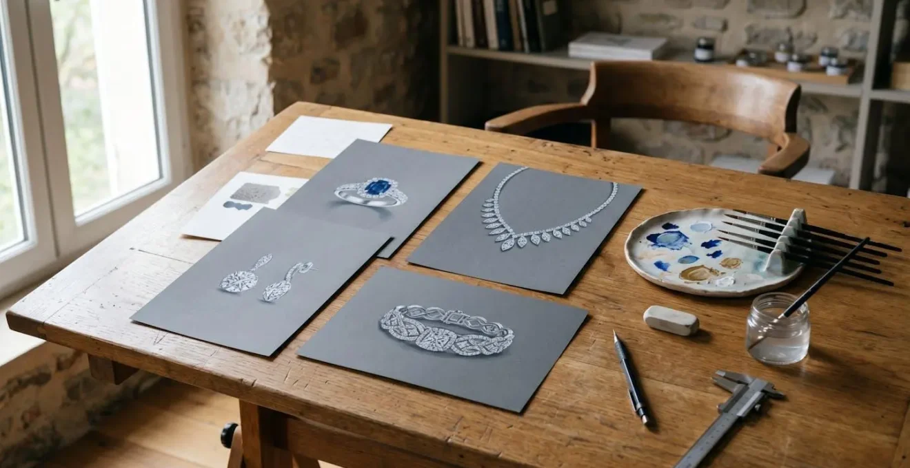 Gouachés joailliers d'exception disposés sur une table d'atelier avec papier gris et pinceaux fins