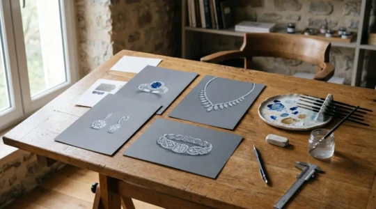 Gouachés joailliers d'exception disposés sur une table d'atelier avec papier gris et pinceaux fins